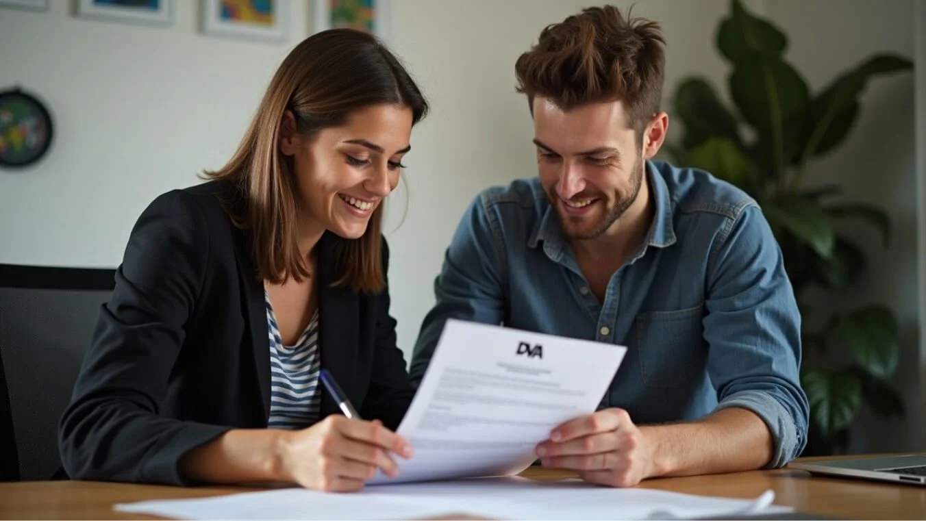 Young male veteran reviewing MRCA claim documents with a consultant in a friendly, supportive office setting.