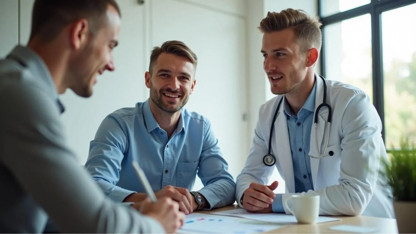 Young Australian veteran consulting with a healthcare professional about MRCA-supported conditions in a welcoming office.