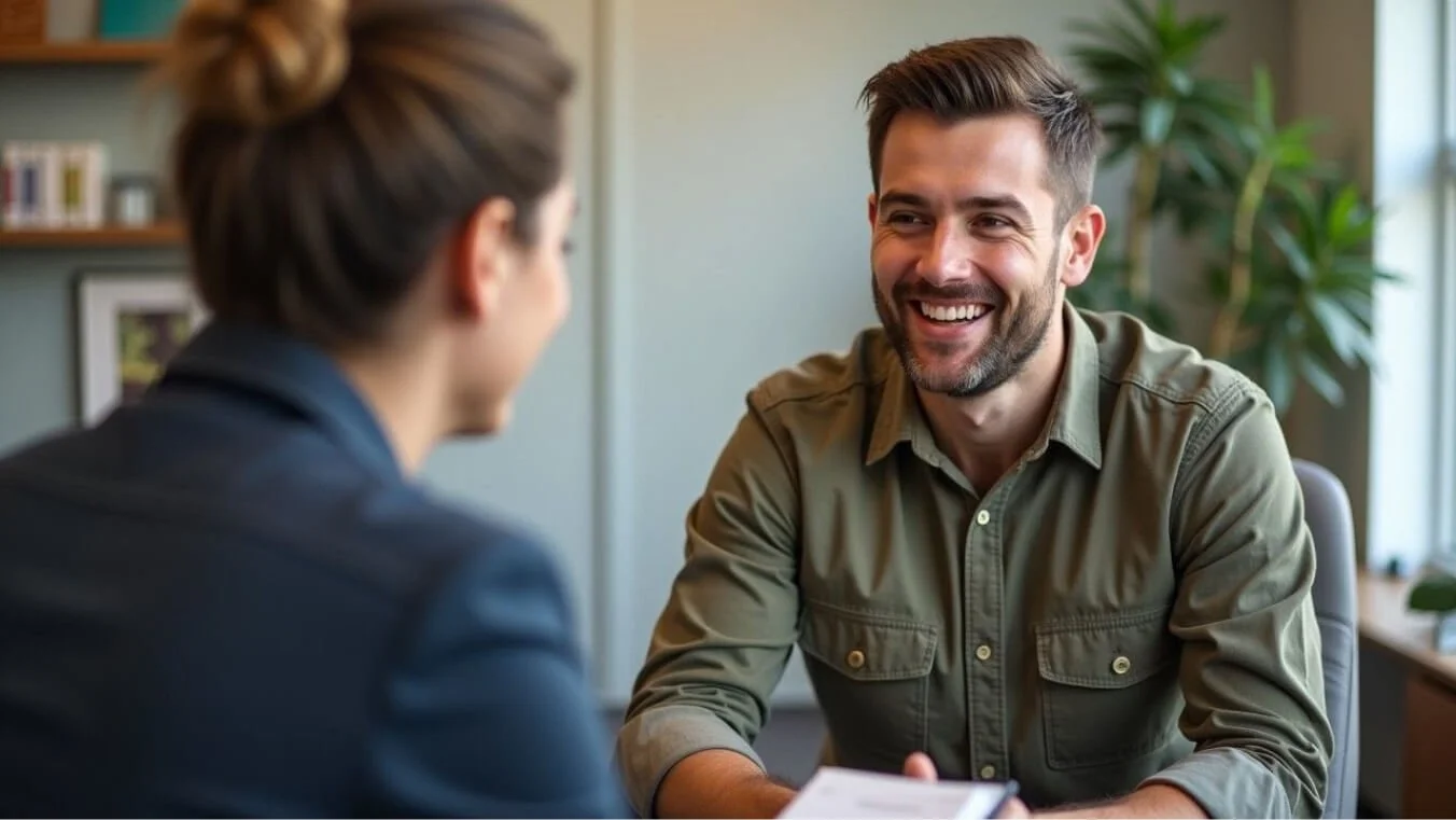 Young veteran consulting with a financial advisor in a professional office setting.