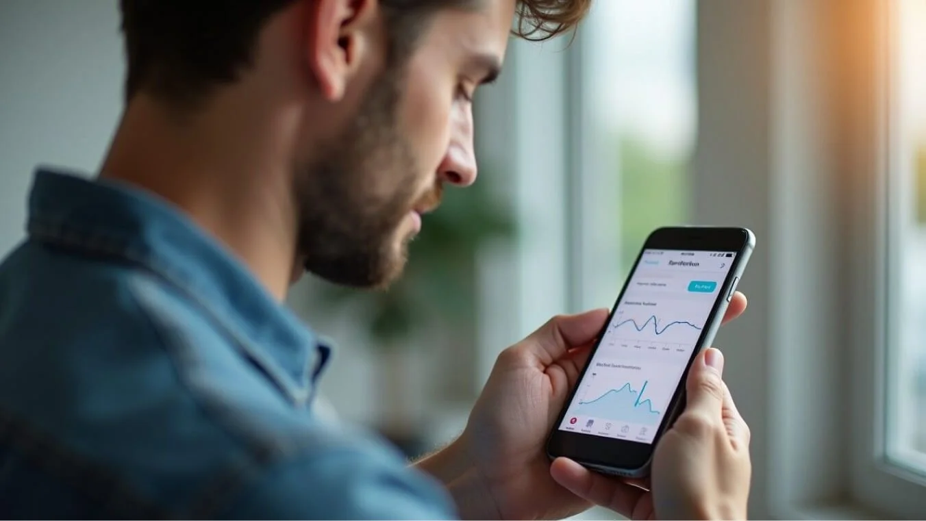 Tinnitus patient tracking their progress using a mobile app with TFI score charts.