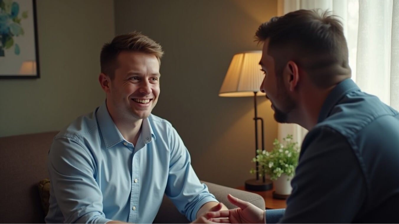 Veteran receiving a supportive consultation from a specialist in a calm setting.