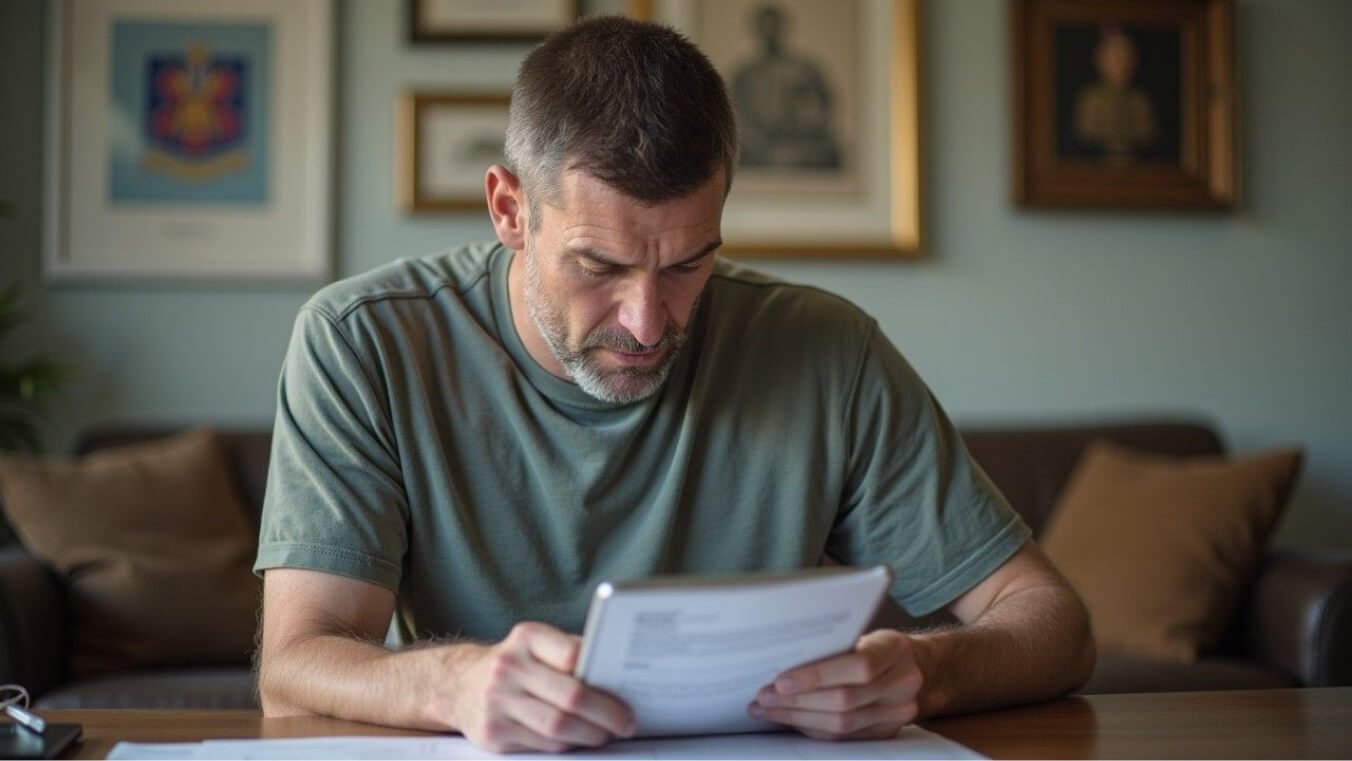 Veteran reviewing superannuation and pension offset documents at home.