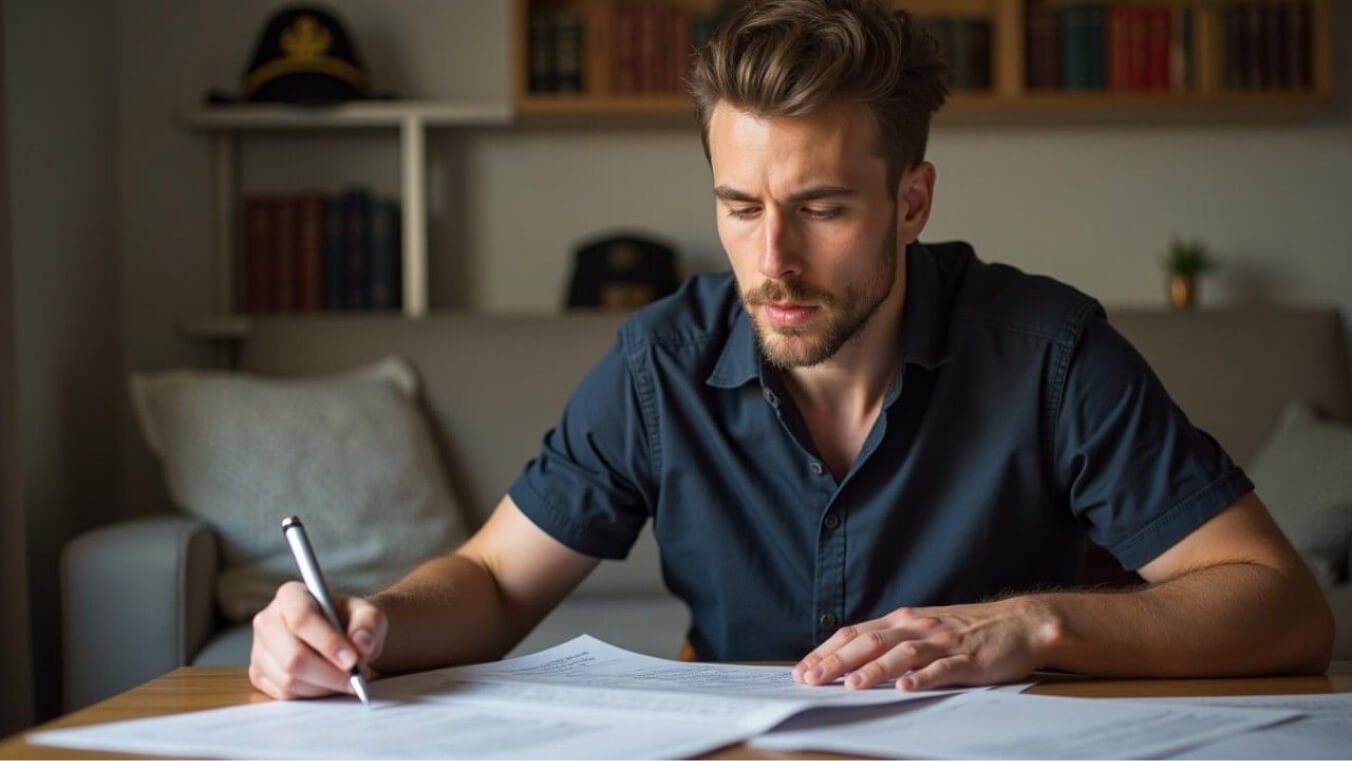 Young veteran reviewing pension support options in a modern home setting.