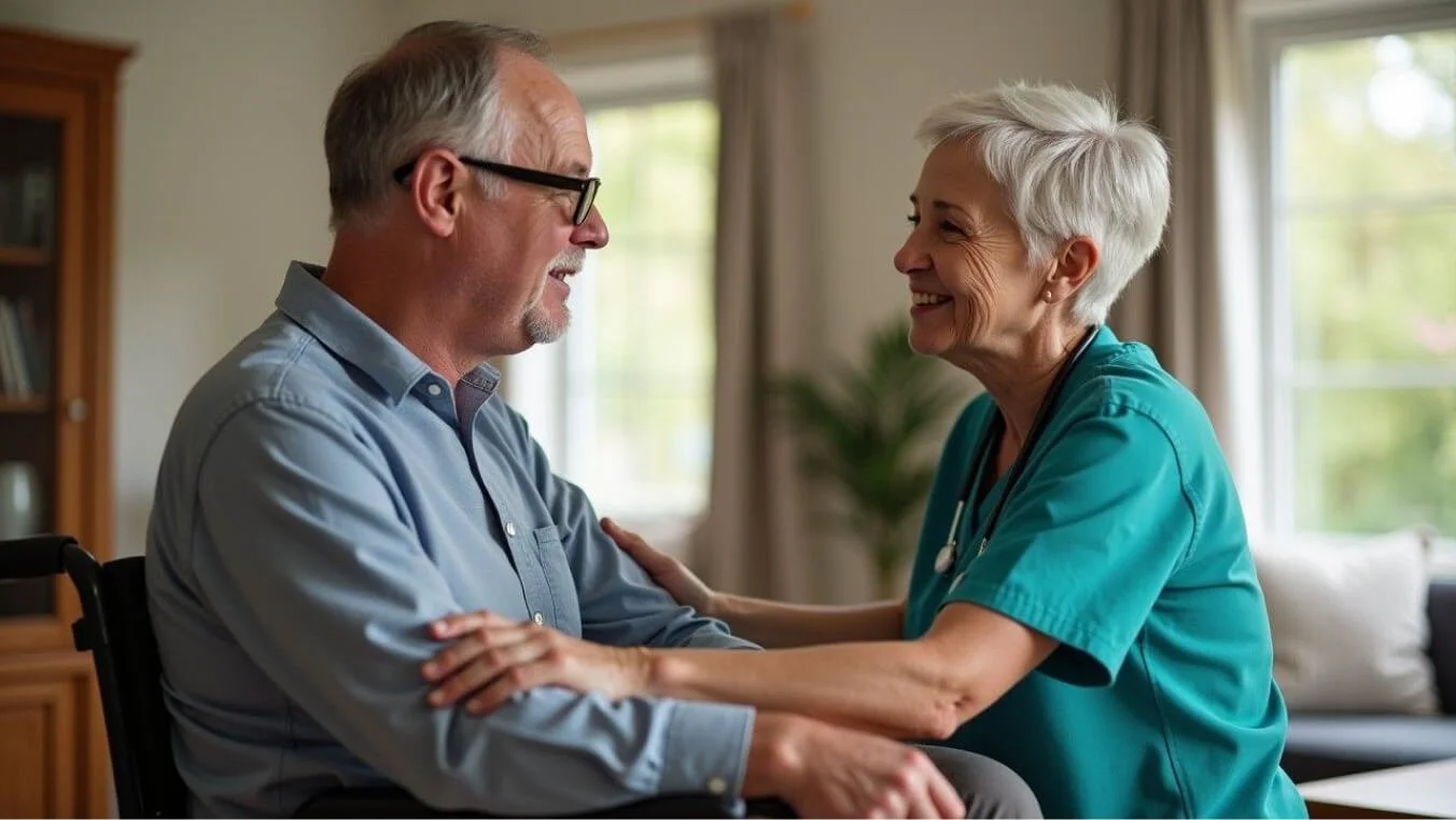 Healthcare worker assisting veteran with permanent impairment through in-home care services.