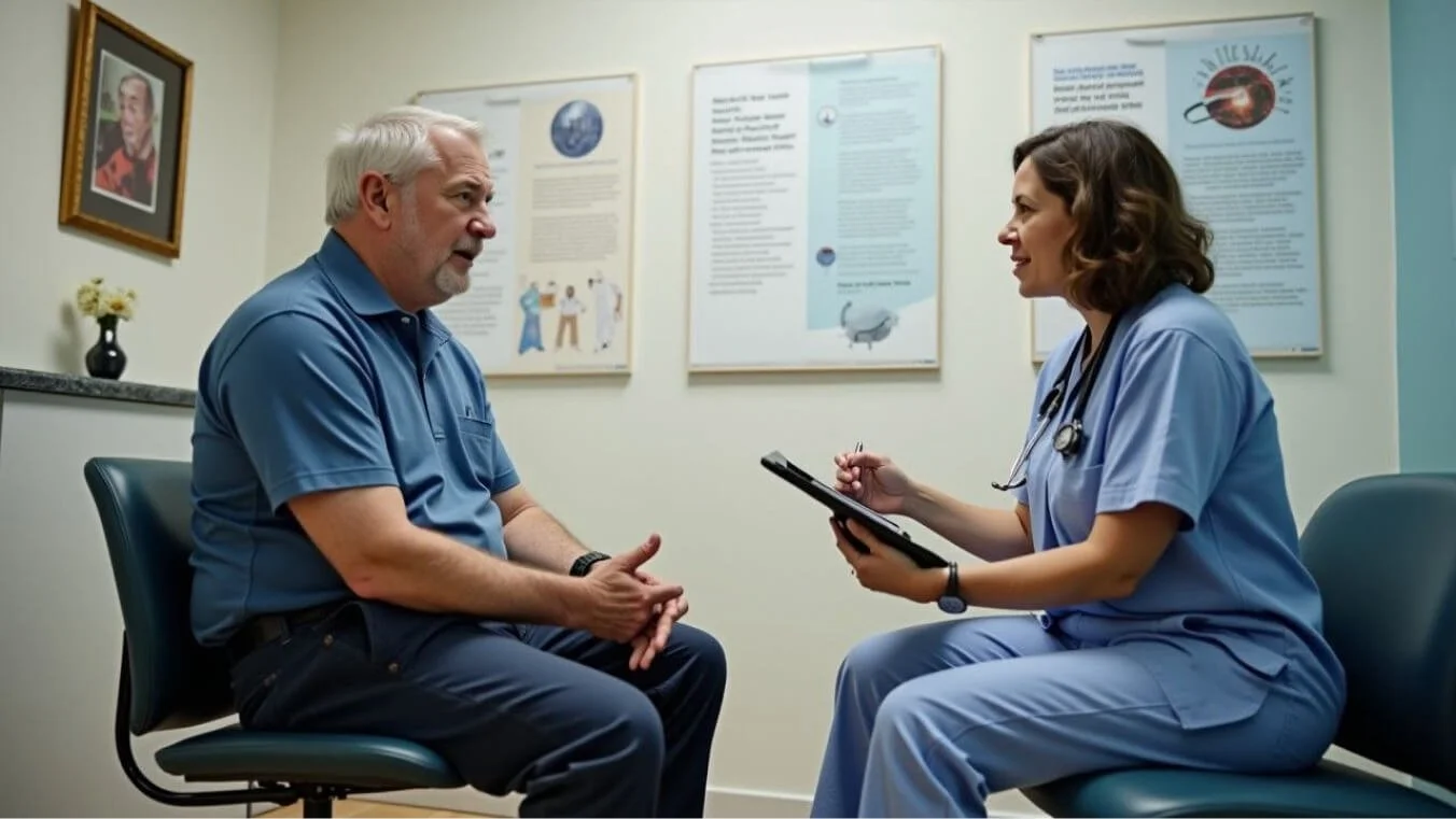 Veteran receiving medical care at a clinic, discussing treatment options with a healthcare provider.