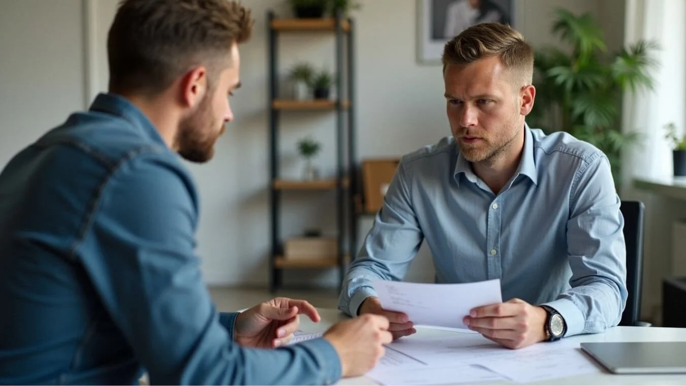 A young male veteran consulting with a professional advisor about his MRCA permanent impairment claim.