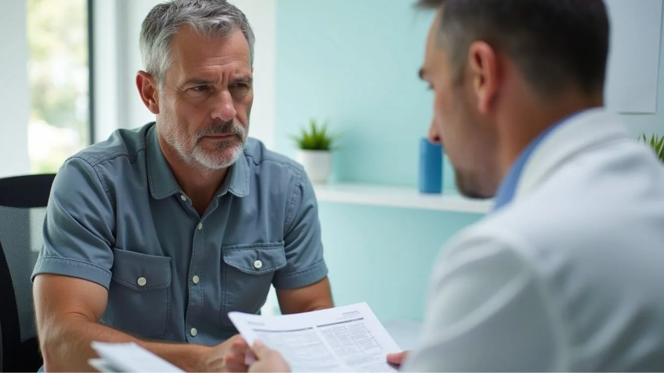 Male veteran discussing his medical assessment with a doctor in a clinical setting for MRCA permanent impairment.