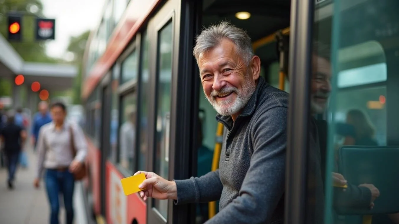 Veteran using their Veteran Gold Card to board a bus, taking advantage of transport concessions.