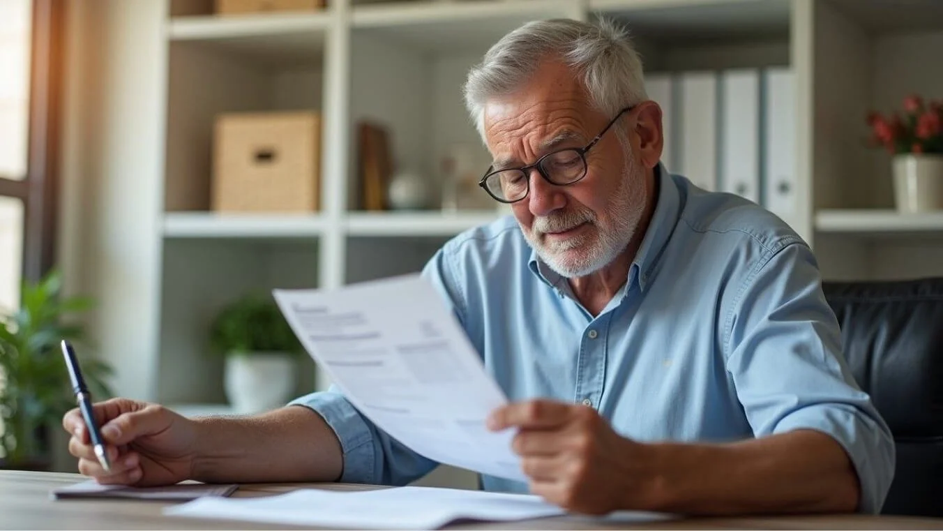 Veteran reviewing household bills with Veteran Gold Card, benefiting from utility discounts.