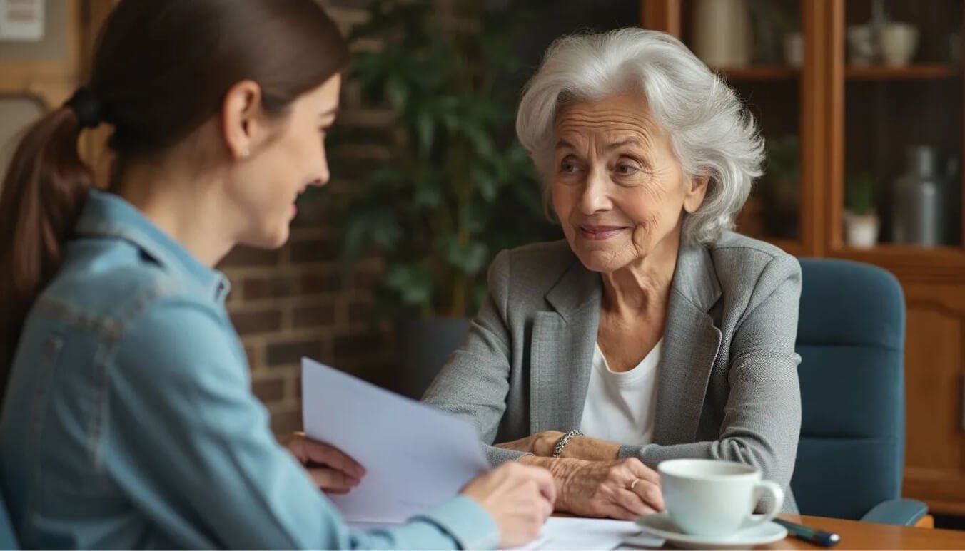 Elderly widow reviewing war widows pension documents with a consultant.