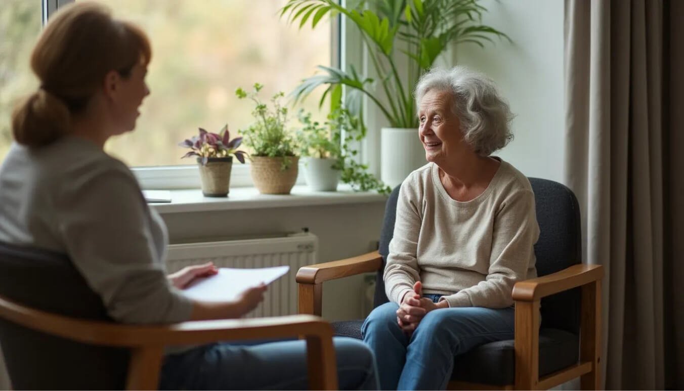 Widow receiving emotional support during a counseling session, representing the mental health services provided by DVA for war widows.