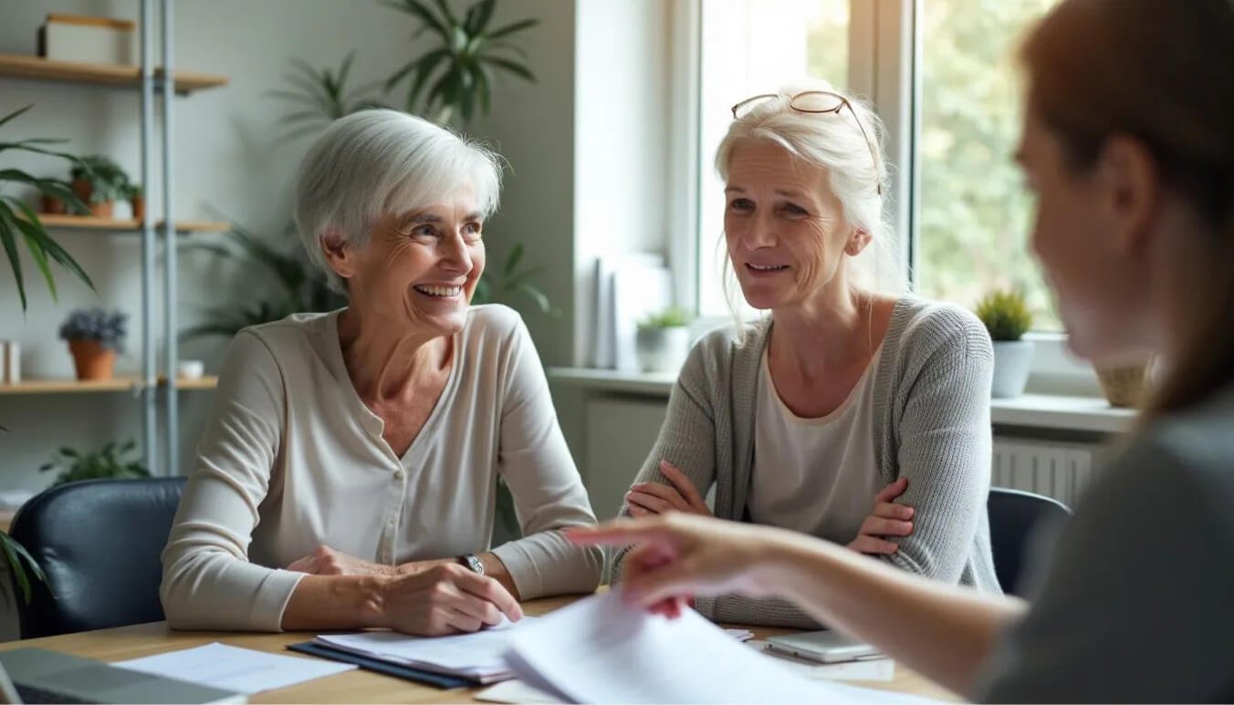 Widow discussing financial options related to war widows pension with a financial advisor.