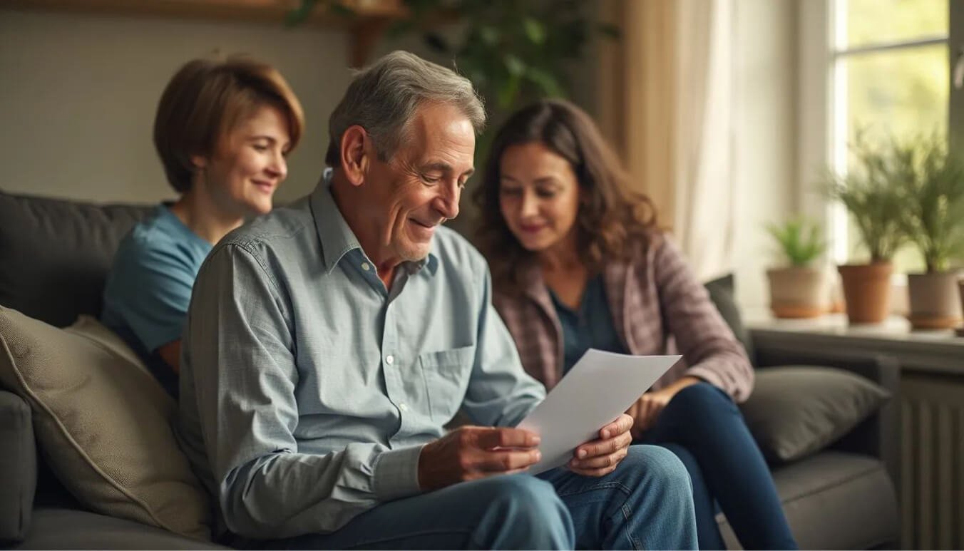 Veteran with family at home, holding SRDP approval letter from DVA.
