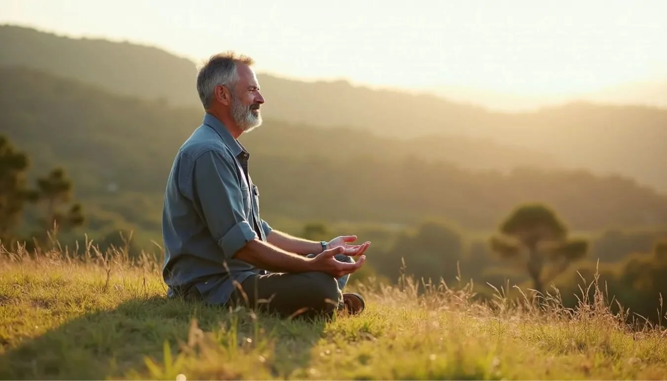 Australian veteran practicing mindfulness outdoors, seated on a grassy hill with a peaceful, natural landscape in the background.
