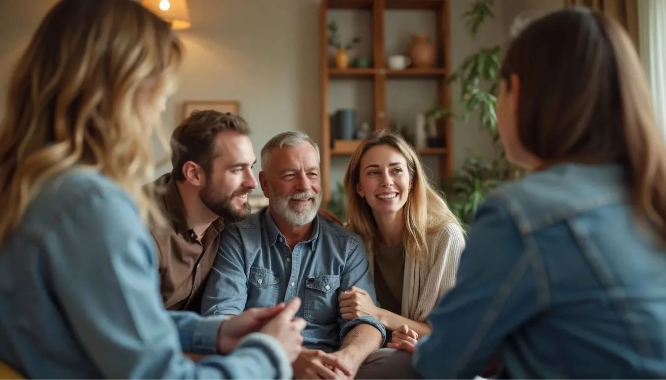 A middle-aged Australian veteran discussing health care options with a DVA representative, supported by his family in a warm home setting.
