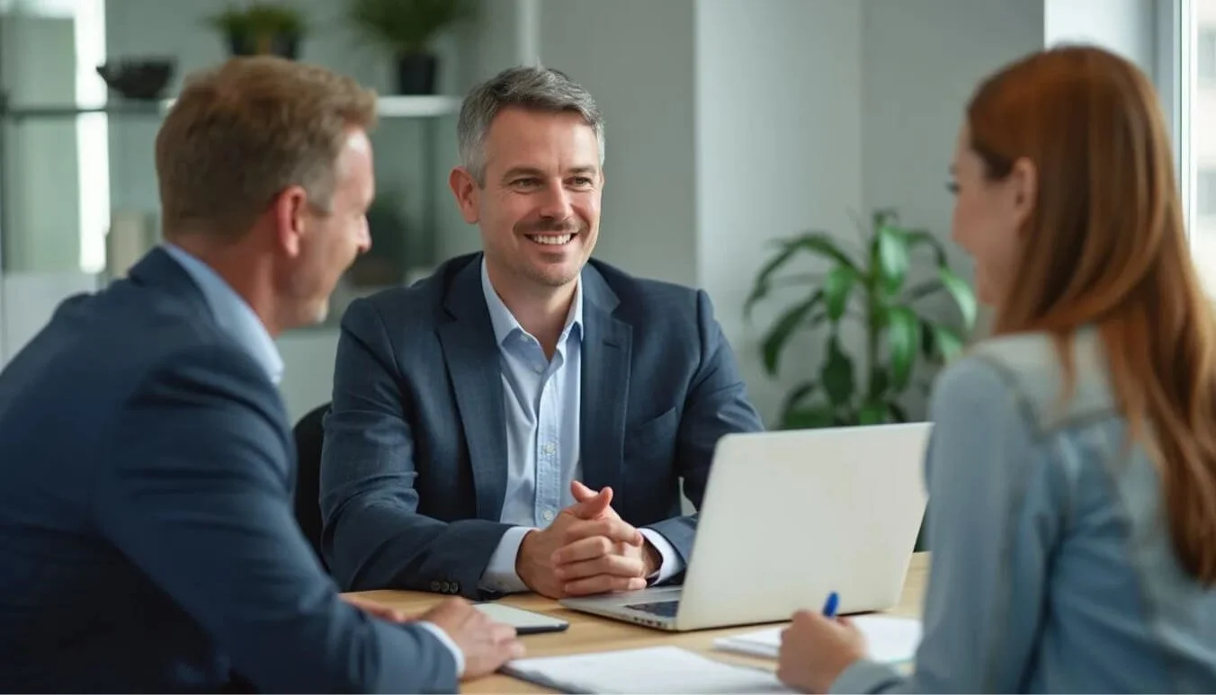 Australian veteran receiving career counseling in a professional office, discussing employment options with a supportive advisor.