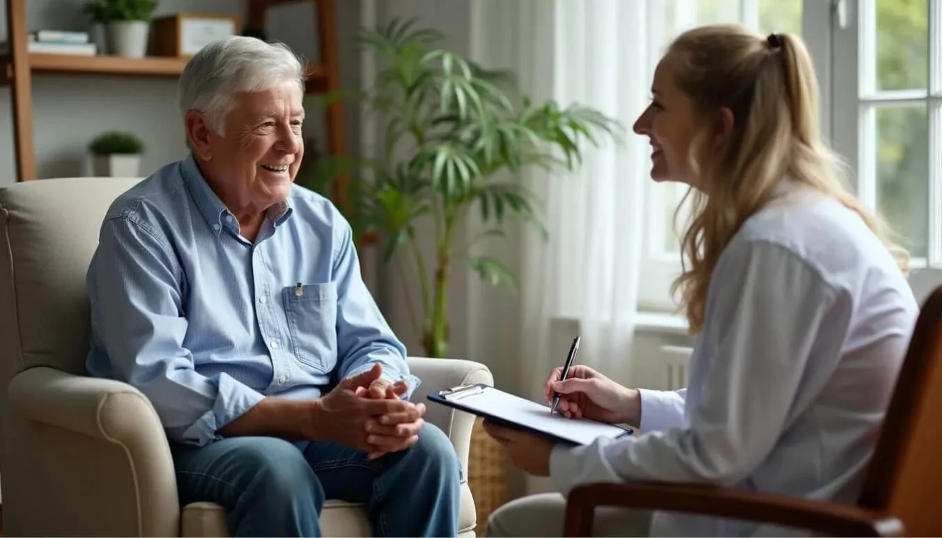 Veteran undergoing a professional assessment for DVA Home Care support, sitting with a healthcare specialist in their home.