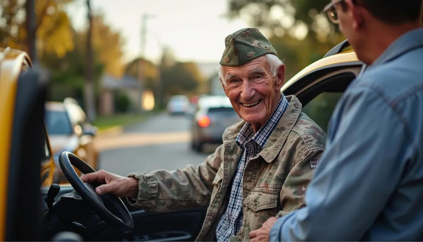 Elderly veteran boarding a transport service for a medical appointment using veteran white card benefits.