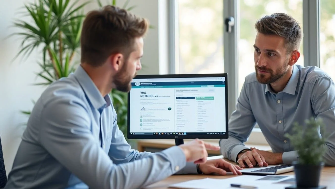 DVA claim specialist guiding a young Australian veteran through the compensation claim process in a civilian office setting.