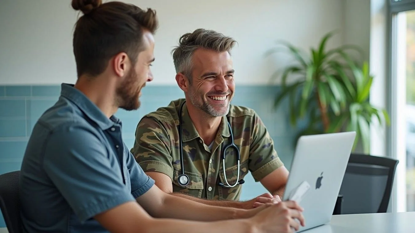 A veteran presenting a DVA White Card at a medical clinic reception desk for a health appointment.