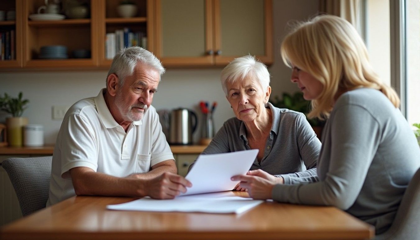 Elderly veteran couple in their 70s discussing DVA Gold Card benefits with a consultant at their kitchen table, reviewing paperwork in a comfortable home setting.