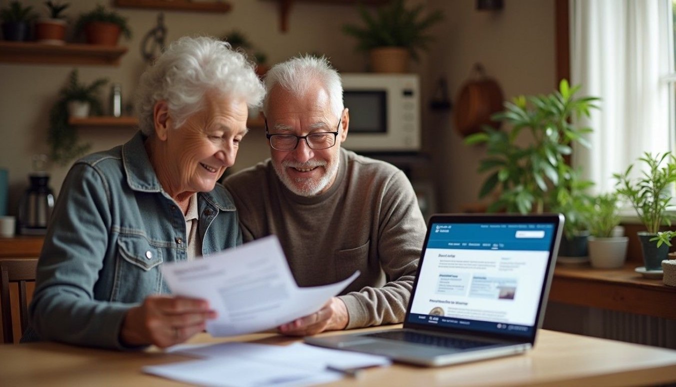 Veteran couple in their 60s reviewing utility bills at home, relieved by DVA Gold Card utility discounts.