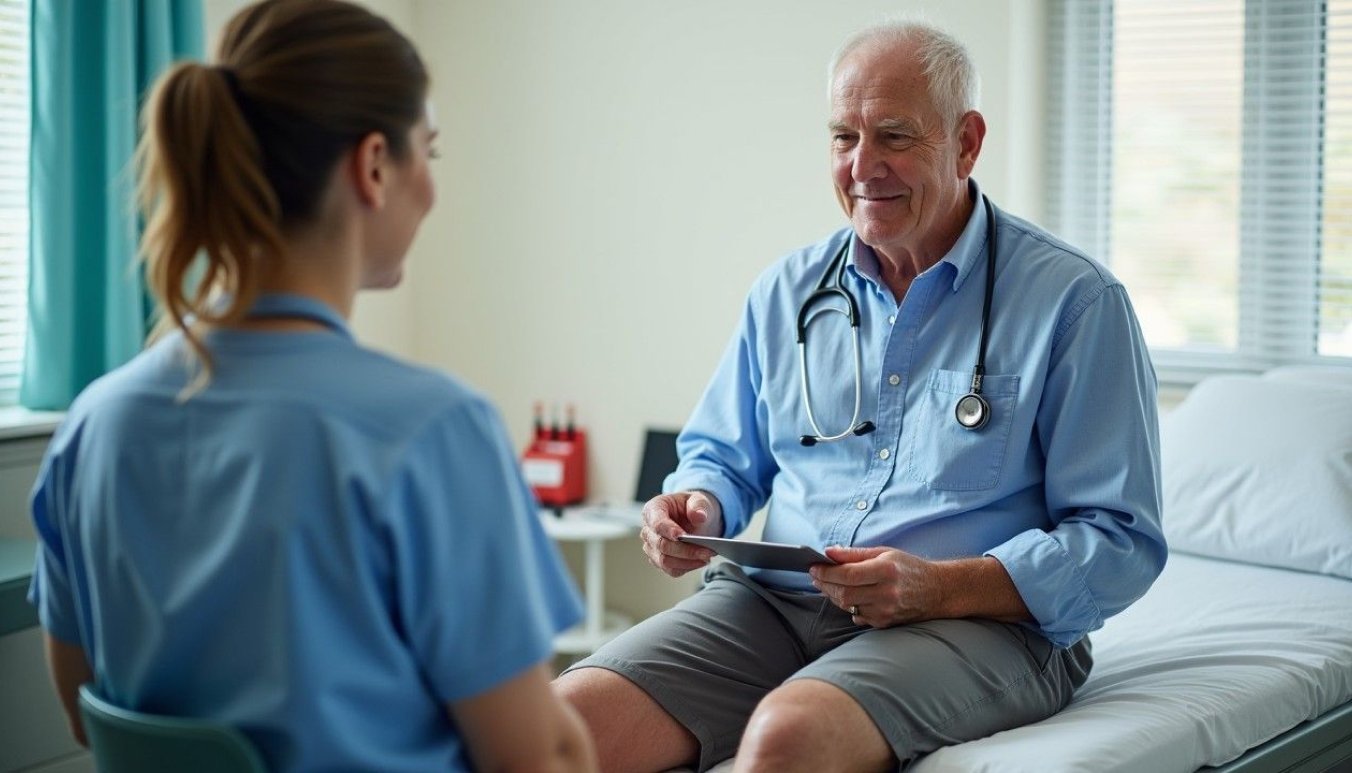 Elderly male veteran in a private hospital room receiving supportive healthcare guidance from a nurse.