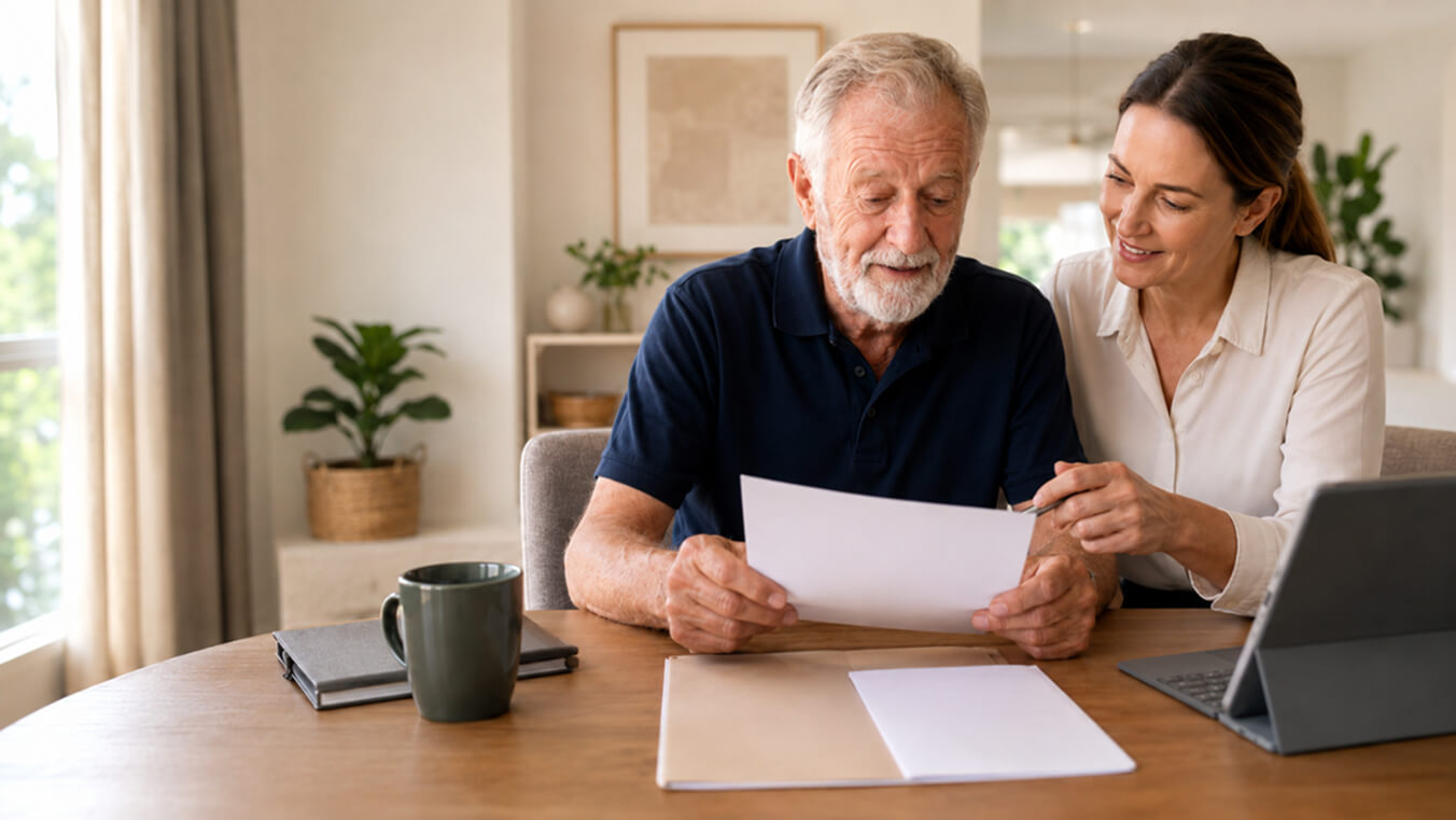 Senior veteran reviewing blank support documents with a care advisor at a table in a bright, modern home, discussing DVA and aged care assistance options.