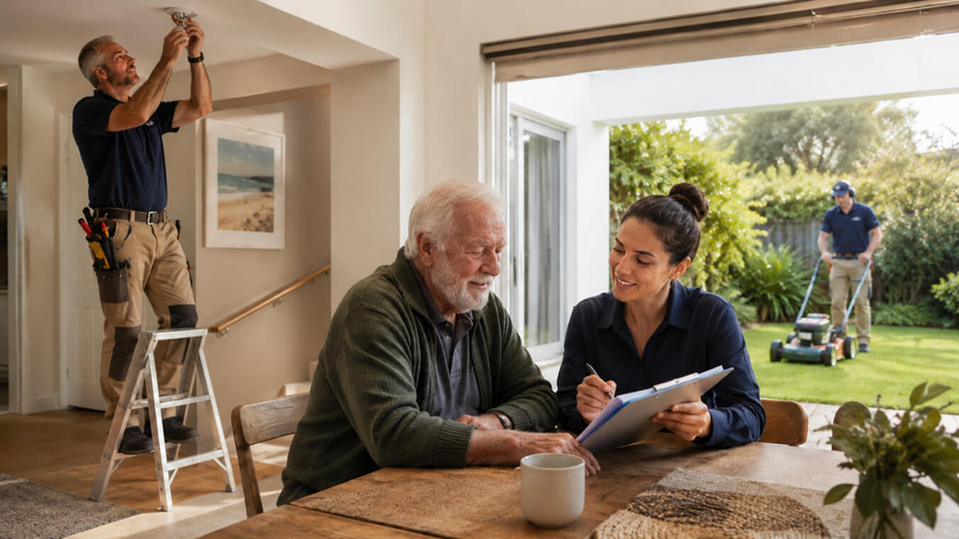 Senior veteran discussing home care needs with a support assessor while maintenance and lawn care workers assist around his bright, modern home.