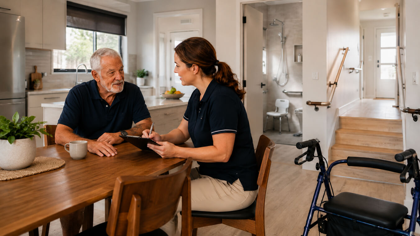 Senior veteran discussing home modification options with an occupational therapist in an accessible modern home, with handrails, a walk-in shower, and a rollator walker nearby.