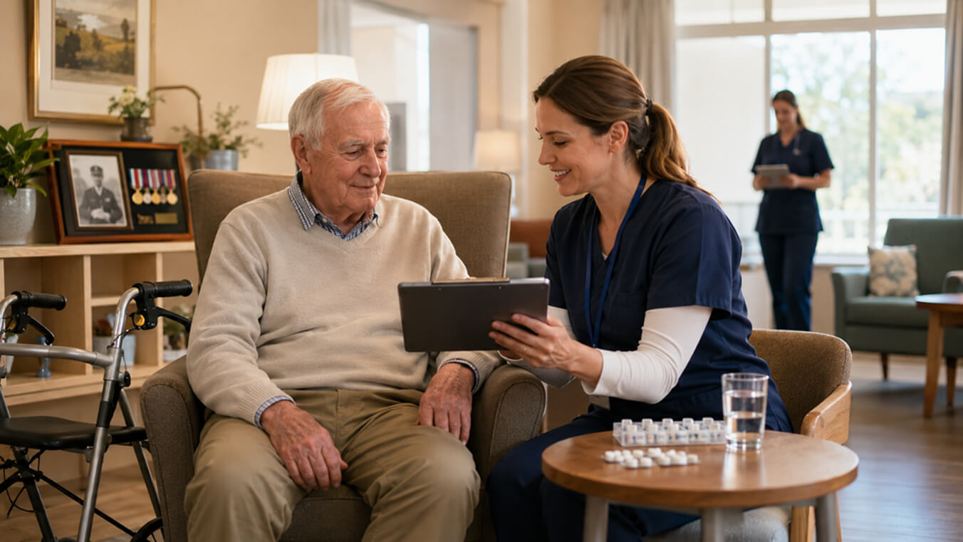 Senior veteran reviewing aged care support on a tablet with a nurse in a residential care lounge, with medication aids and a walker nearby.