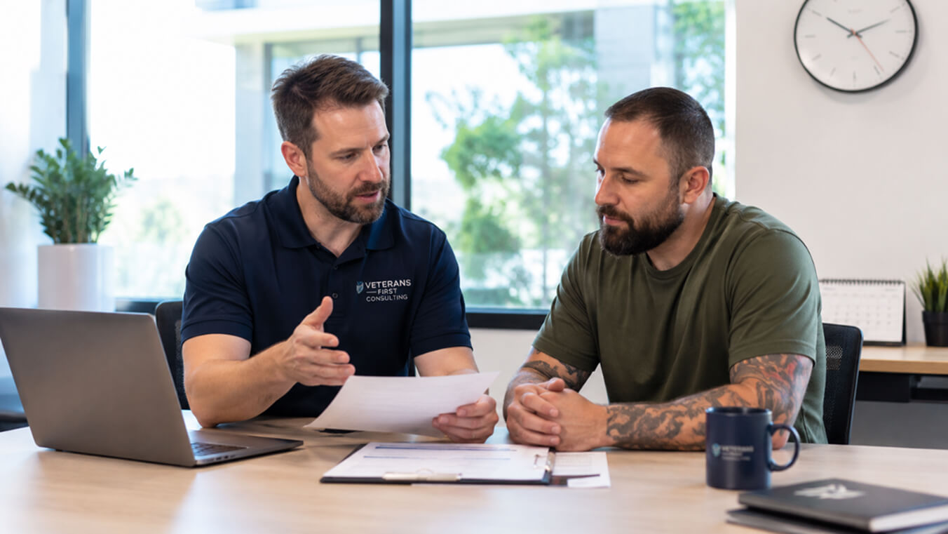 Veterans First Consulting adviser reviewing paperwork with a veteran during a consultation about medical discharge payments and entitlements.
