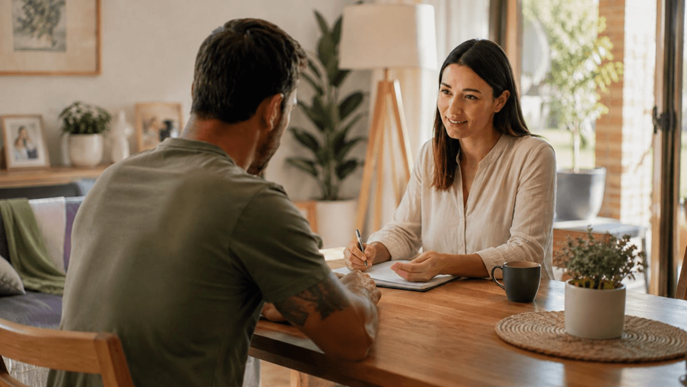 Australian veteran speaking with a counsellor during an in-home mental health support session, seated at a wooden table in a warm, comfortable living room.