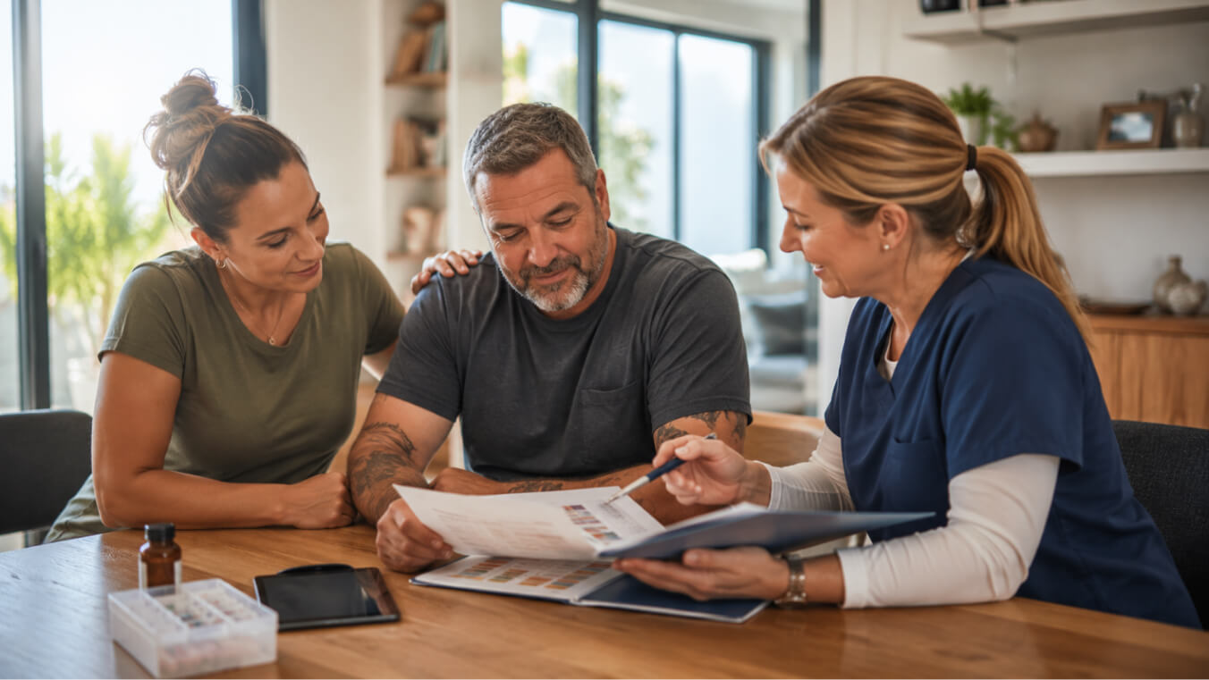 Australian veteran reviews a coordinated care plan with his partner and a practice nurse during a supportive home consultation.