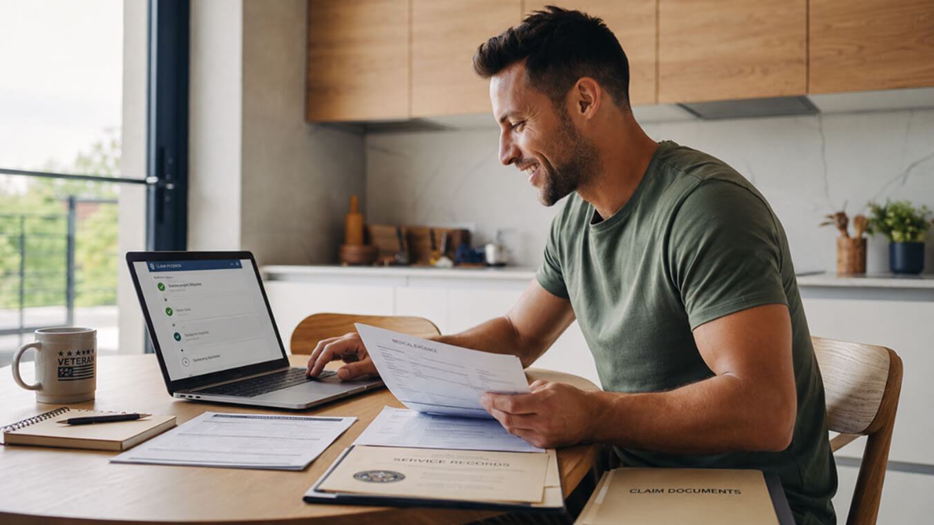 Male veteran reviewing medical evidence and service records at a kitchen table while using a laptop to organise his DVA claim documents.