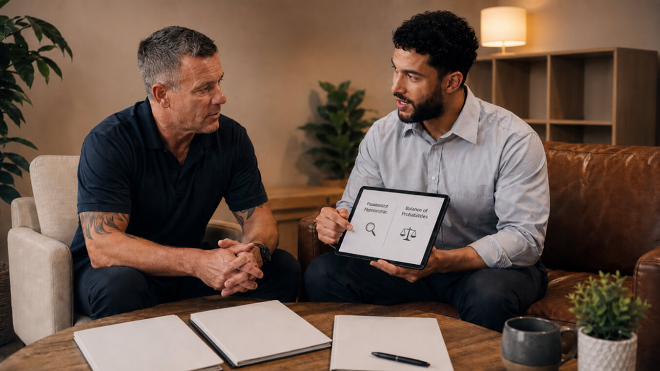 Australian veteran discussing DVA standards of proof with a consultant in a warm office, reviewing a tablet and claim documents.