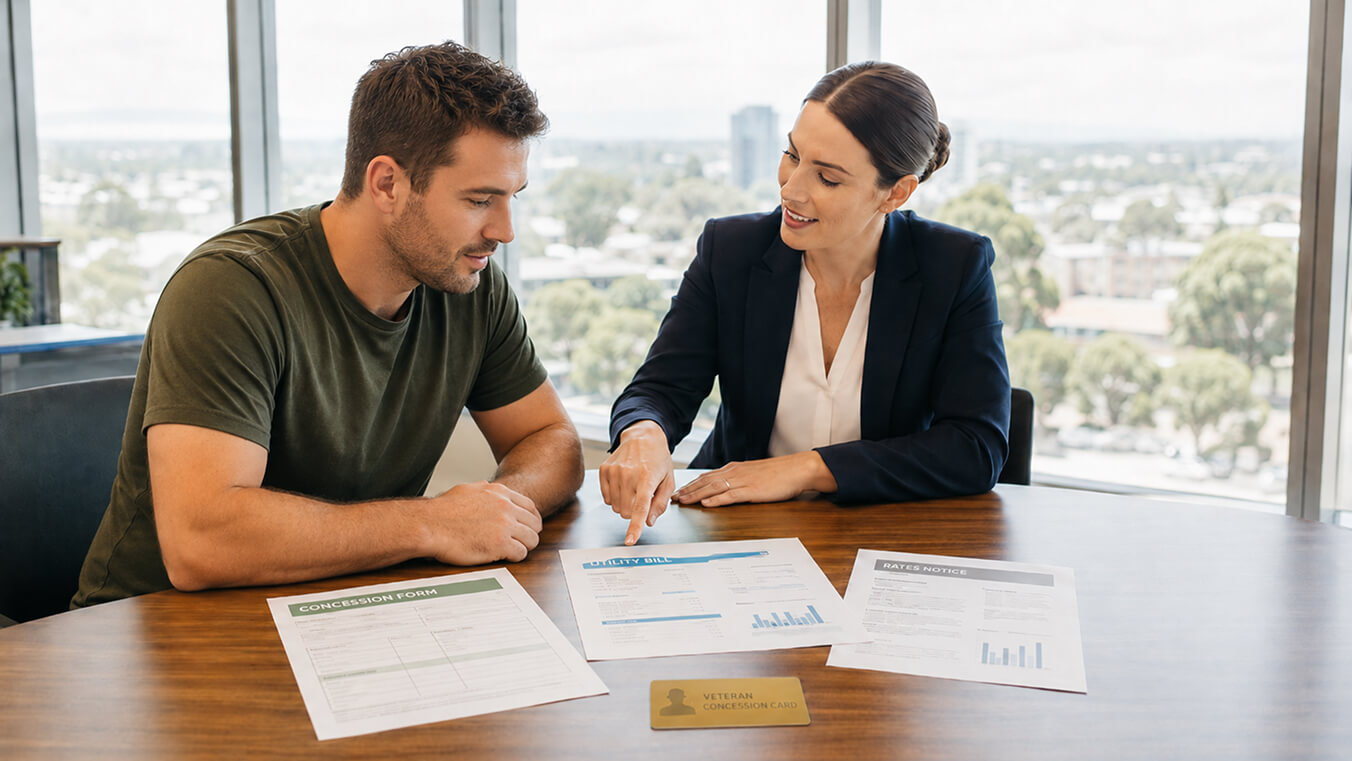 Young male veteran and professional adviser reviewing NT concession paperwork, utility bills, rates notice, and a veteran concession card in a modern office.