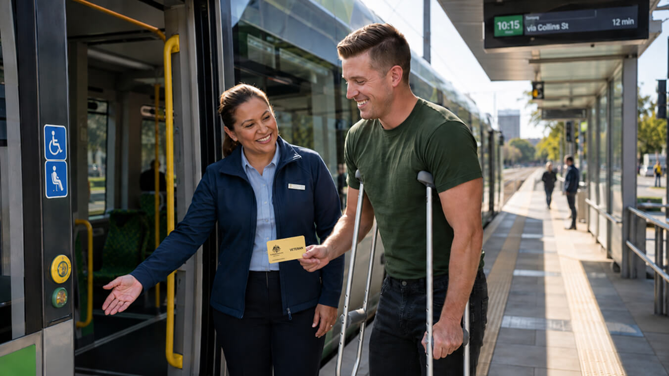Young male veteran using crutches shows a gold Veteran Card while a transport staff member helps him board an accessible tram at a Victorian public transport platform.
