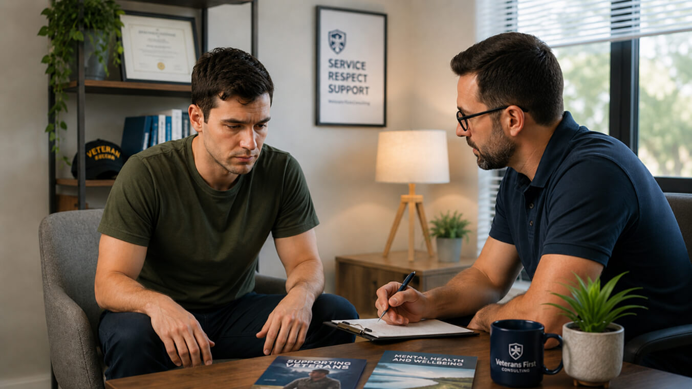 Young male veteran discussing depression support with a consultant in a calm office setting, with mental health resources on the table.