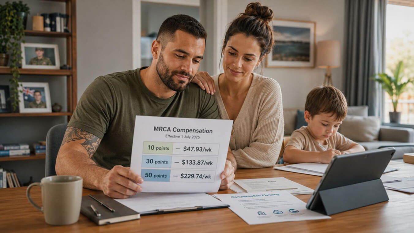 Veteran and family reviewing MRCA compensation rates at home while planning financial support for different impairment levels.