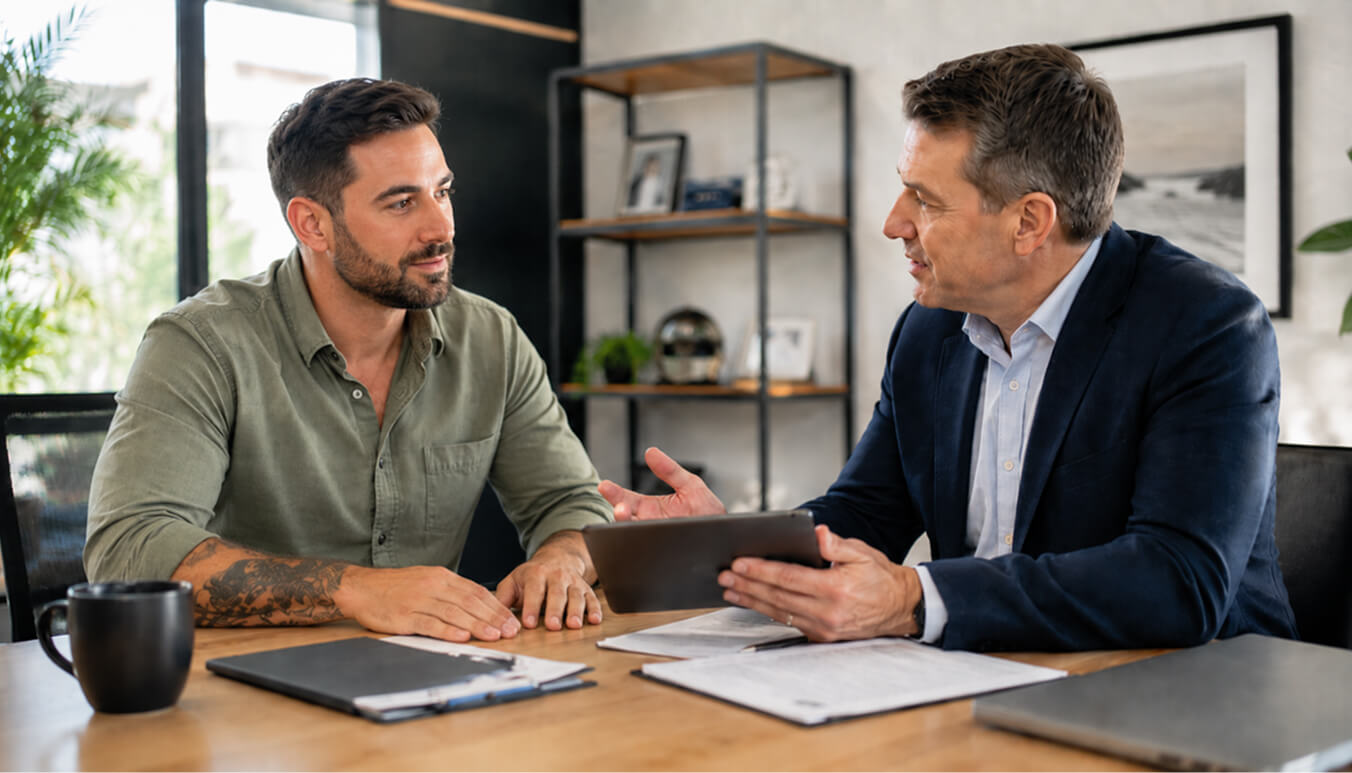 A younger male veteran in a green button-up shirt sits at a desk in a bright modern office, speaking with a financial adviser in a navy blazer who is holding a tablet. Papers, a coffee mug, and laptops rest on the table, suggesting a discussion about TPI Gold Card benefits and financial planning.