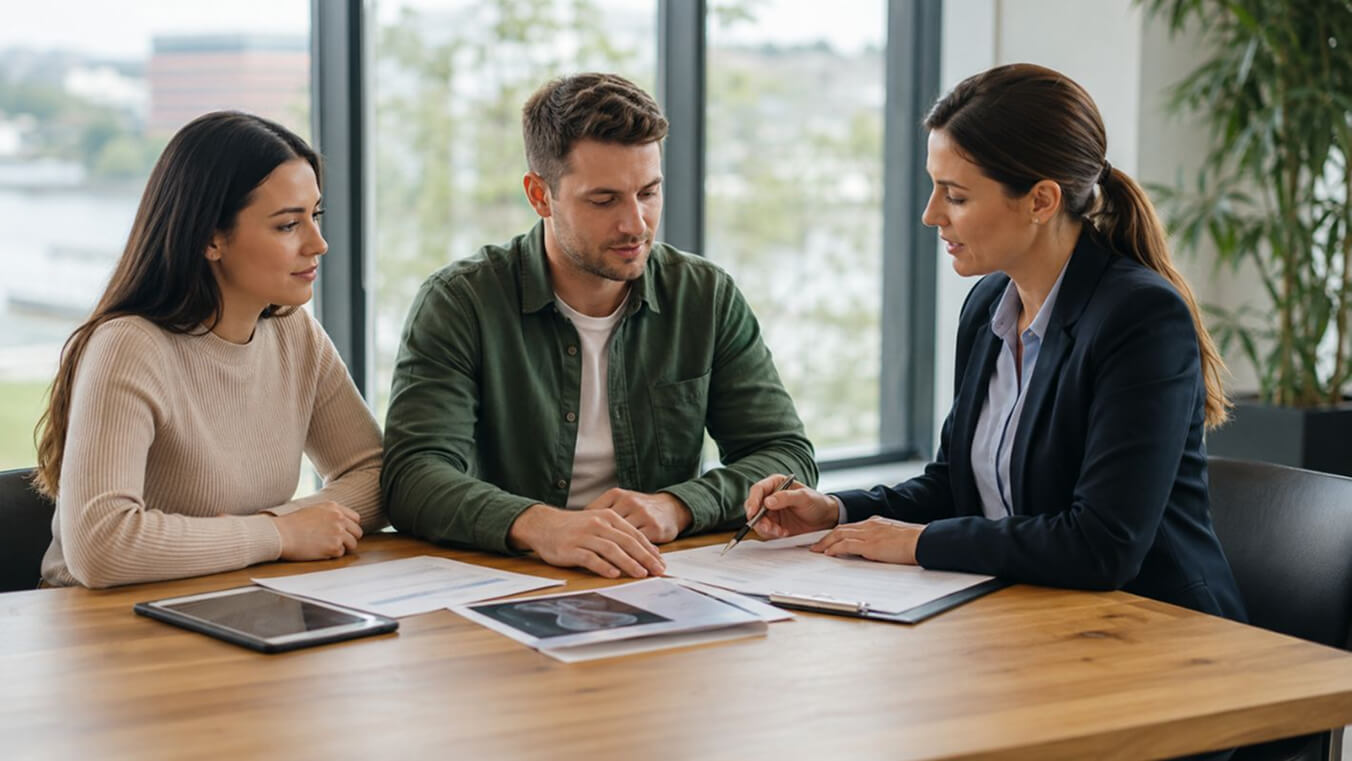 Alt text: Young veteran and partner reviewing DVA cancer treatment eligibility documents with a professional adviser in a bright office.