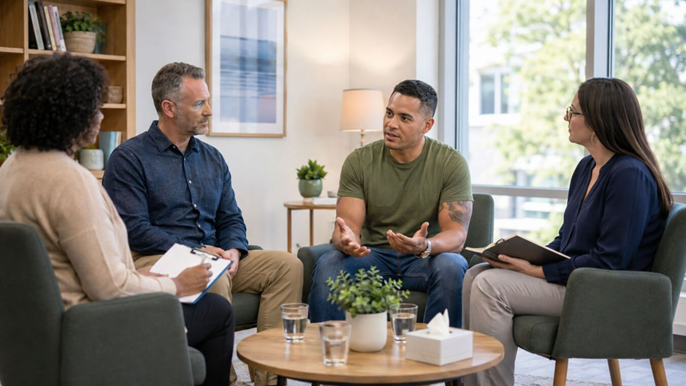 Alt text: Veteran participating in a supportive group counselling session during cancer treatment, with professionals and peers in a bright wellness room.