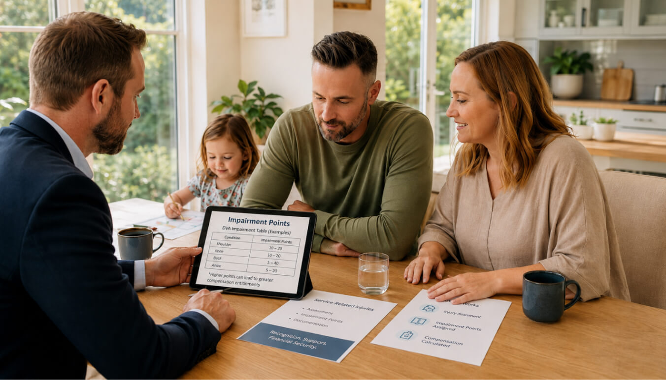 A veteran and his partner meet with a professional adviser at a bright kitchen table to review a DVA impairment points chart, while their young daughter draws nearby.