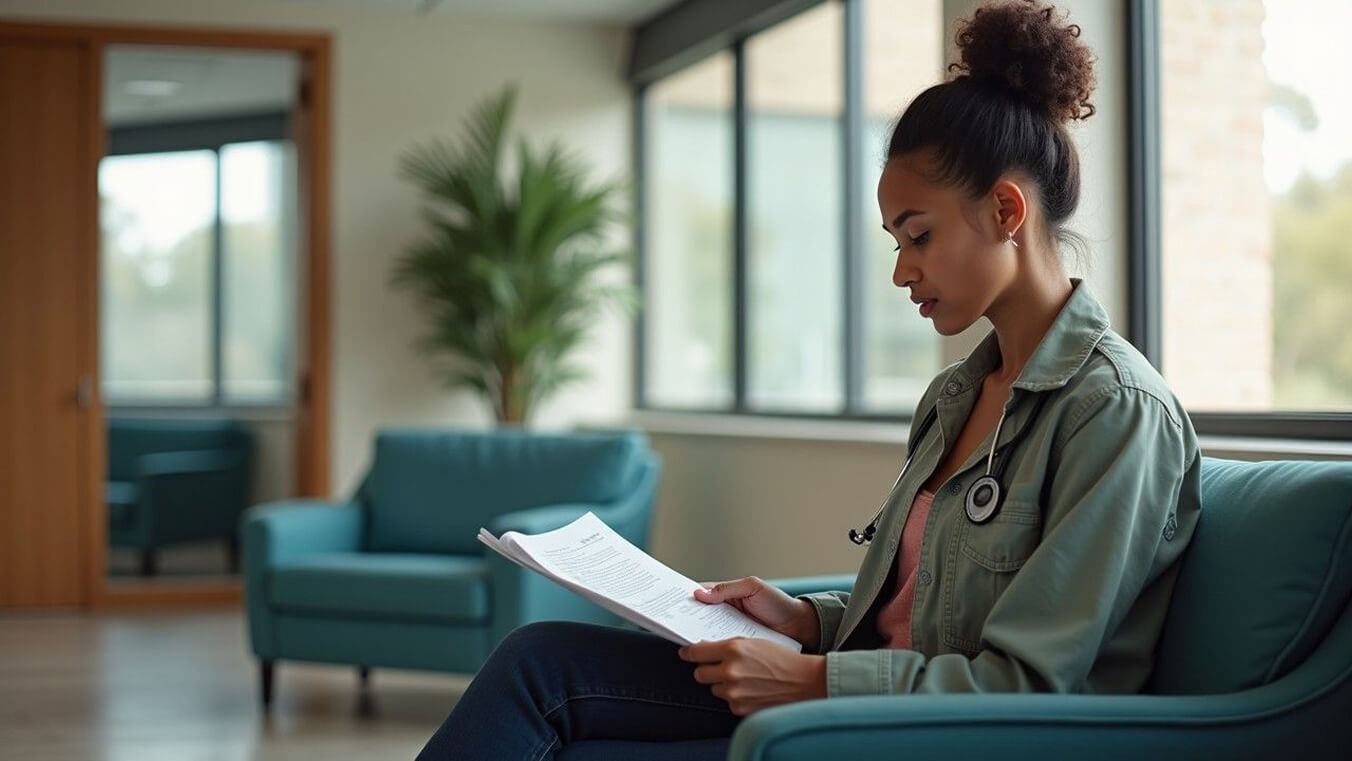 Young female veteran reviewing medical documentation in an Australian healthcare facility. 