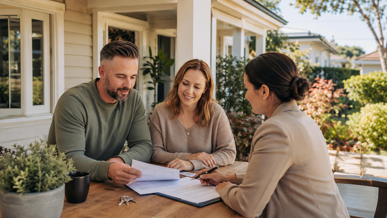Australian veteran and partner reviewing housing assistance paperwork with a consultant outside a suburban home, with house keys on the table.