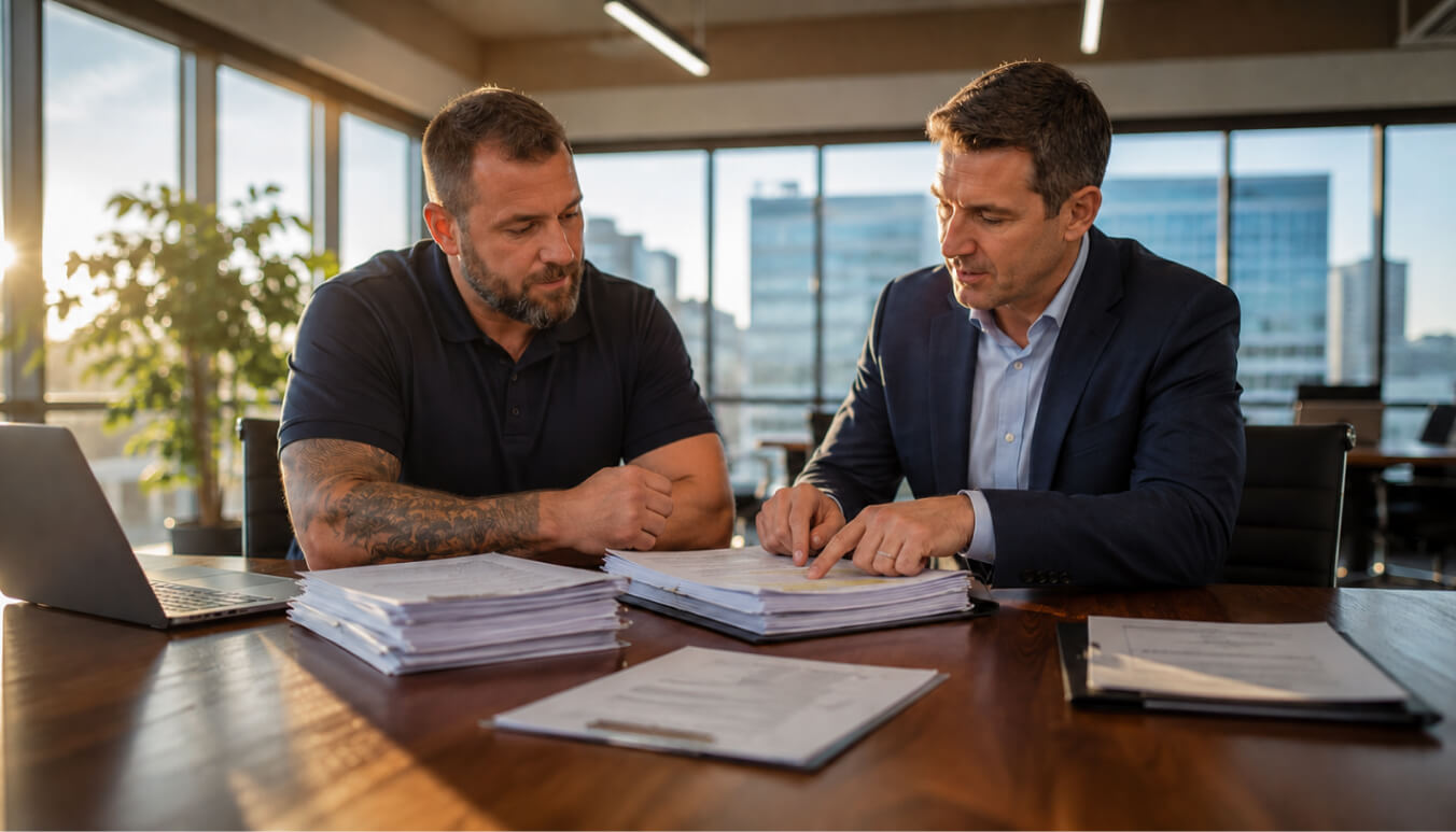 Veteran reviewing DVA claim processing documents with a consultant in a modern office, with organised paperwork and a laptop on the table.