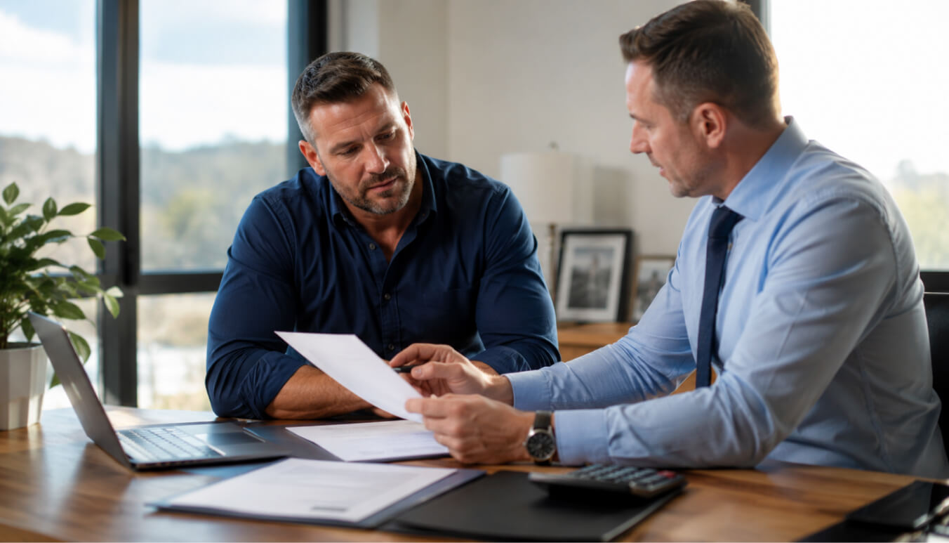 Veteran reviewing DVA compensation paperwork with a claims consultant in a modern office, with documents, laptop, and calculator on the desk.