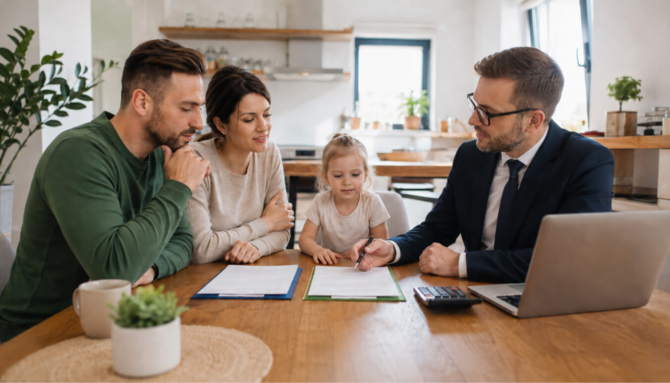 Veteran family discussing lump sum versus periodic DVA payments with a financial adviser at a kitchen table, reviewing documents, a laptop, and calculator.