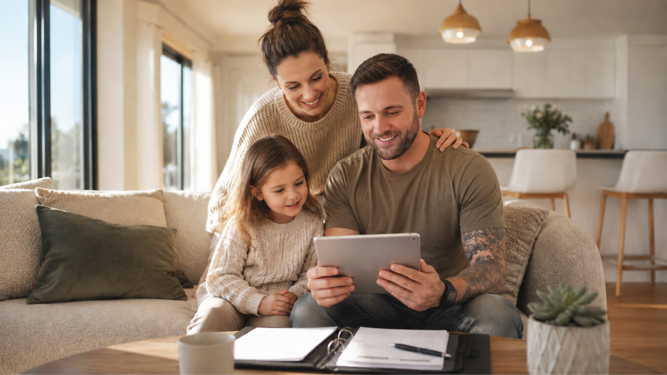 Young Australian veteran reviewing pension information on a tablet with his partner and child in a bright family living room.
